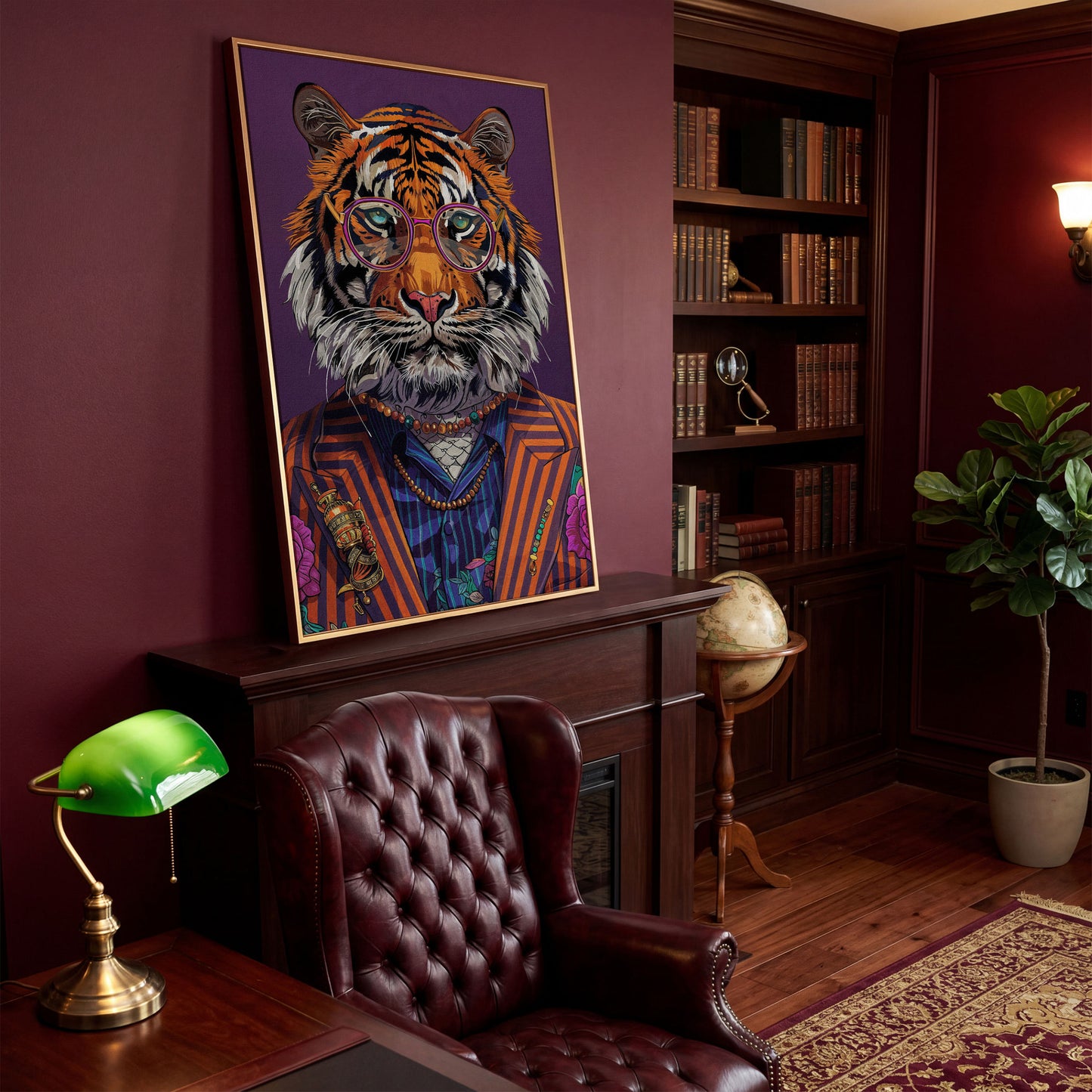 Tiger in Suit and Glasses Canvas Print in antique gold floating frame