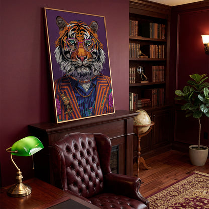 Tiger in Suit and Glasses Canvas Print in antique gold floating frame