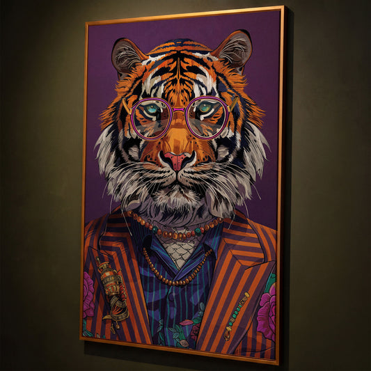 Tiger in Suit and Glasses Canvas Print shown in antique gold floating frame