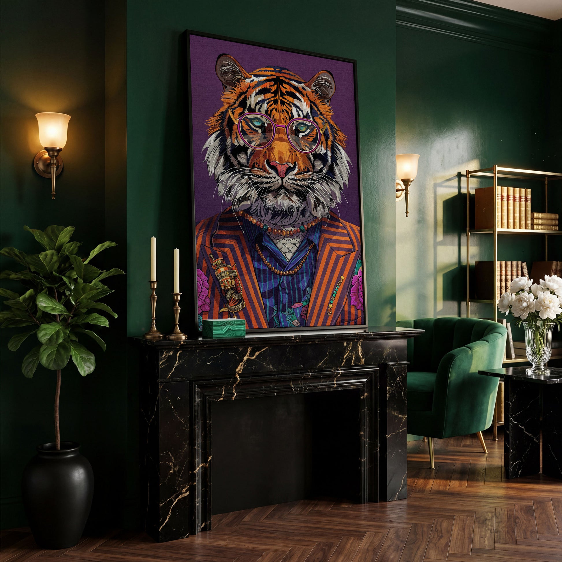 Tiger in Suit and Glasses Canvas Print in black floating frame