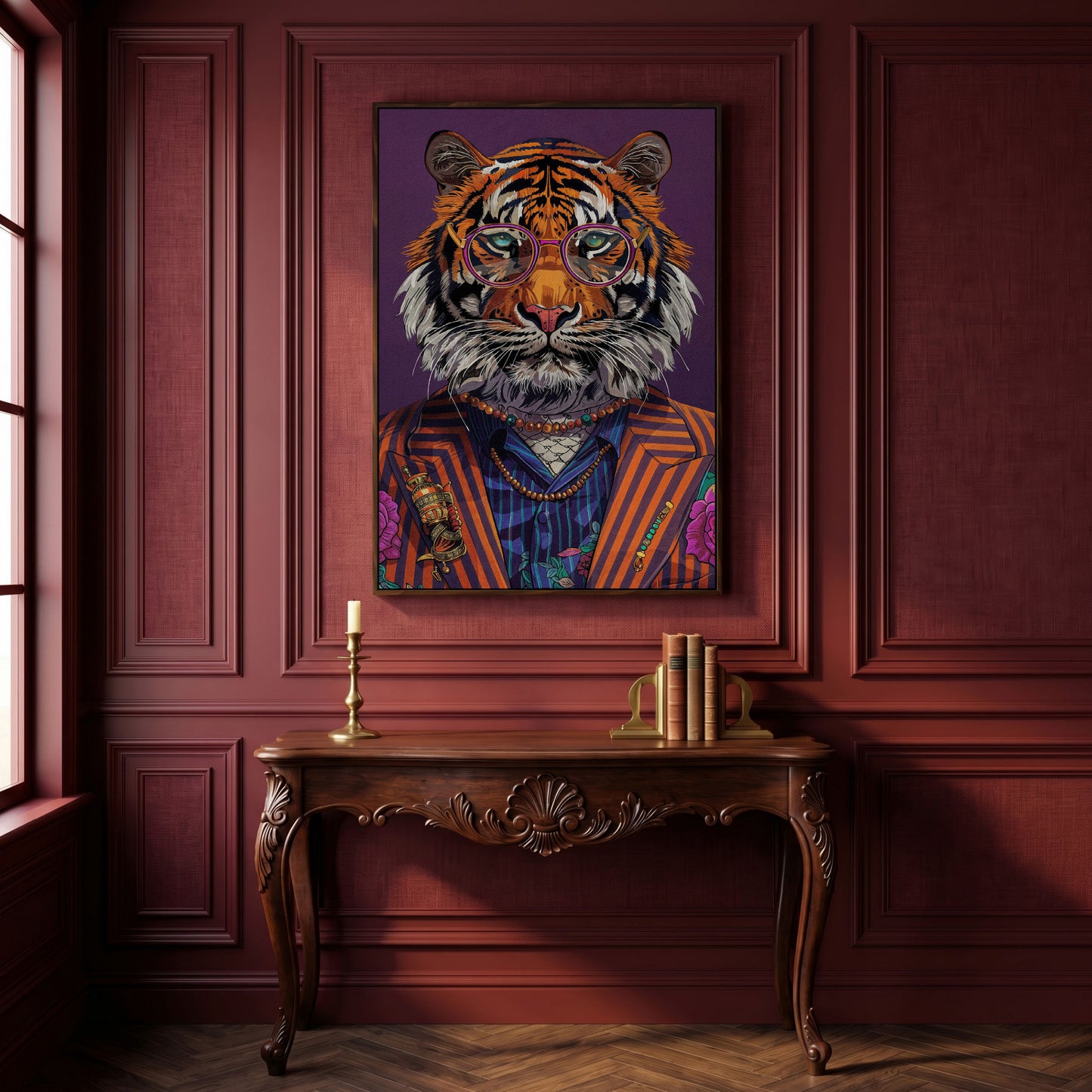Tiger in Suit and Glasses Canvas Print in dark walnut floating frame