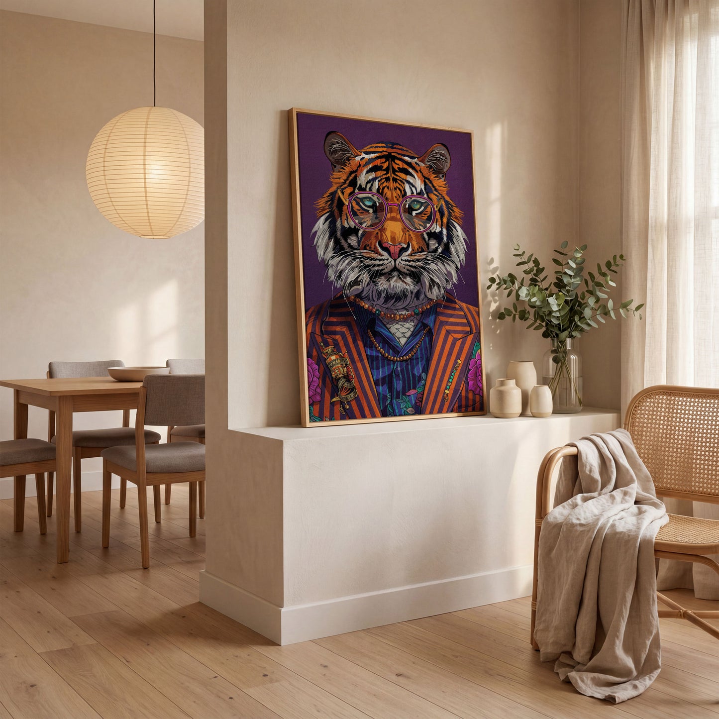 Tiger in Suit and Glasses Canvas Print in white oak floating frame