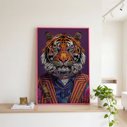 Tiger in Suit and Glasses Canvas Print in pink floating frame