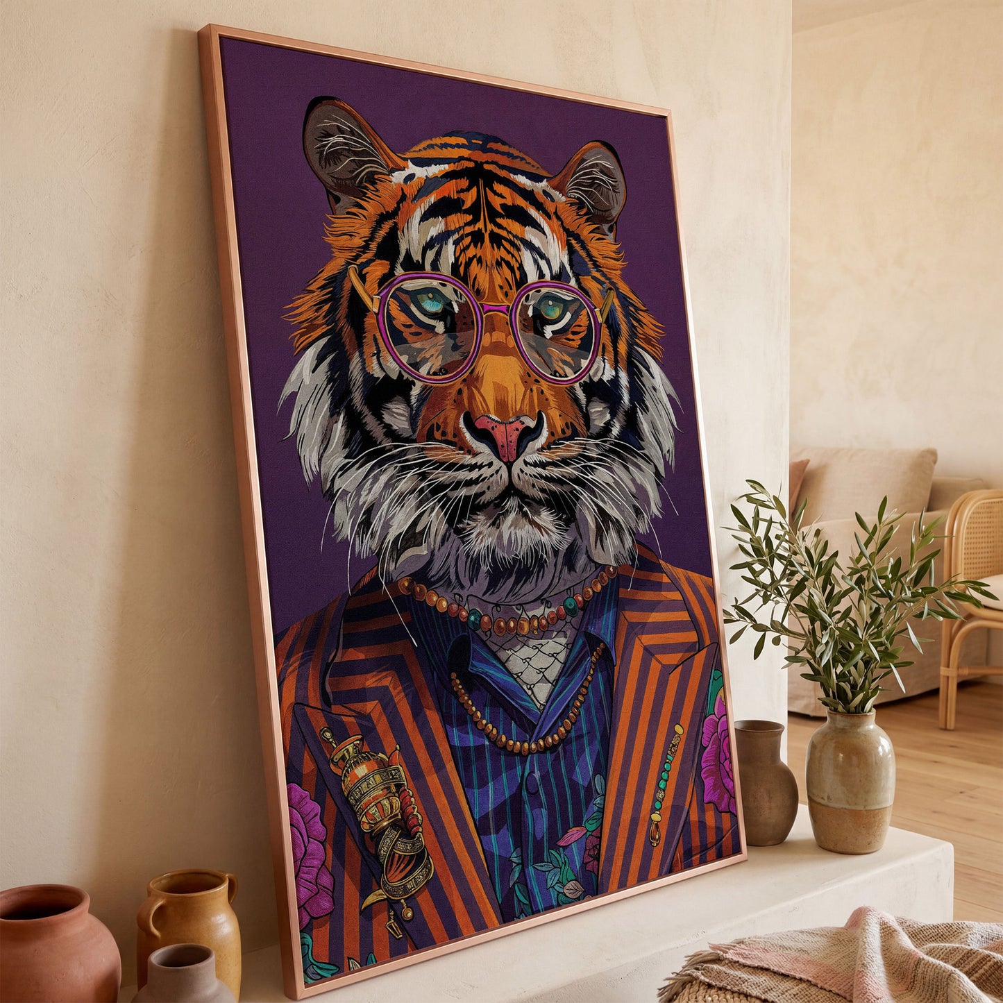 Tiger in Suit and Glasses Canvas Print in rose gold floating frame