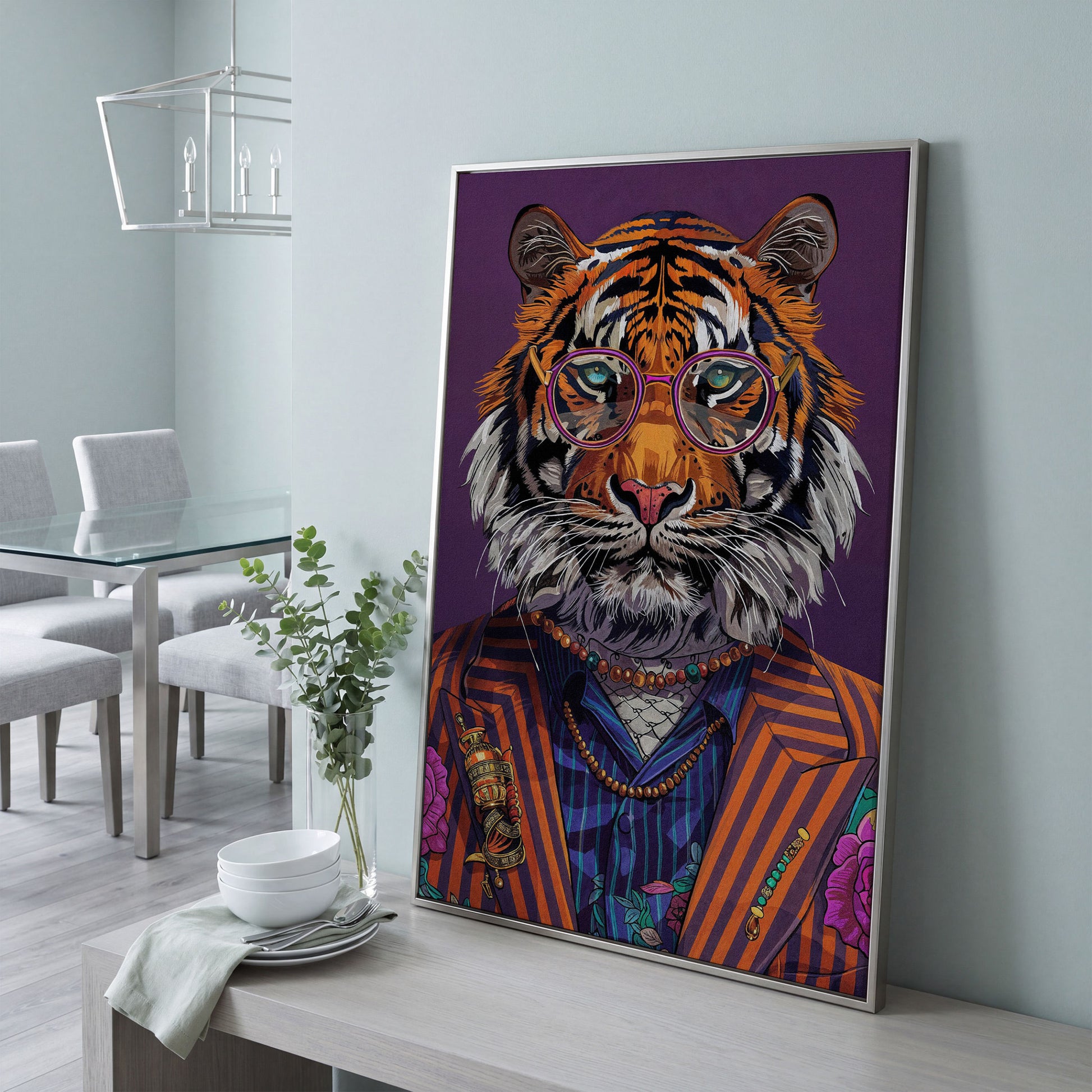 Tiger in Suit and Glasses Canvas Print in silver floating frame