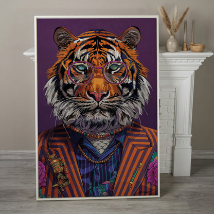 Tiger in Suit and Glasses Canvas Print in white floating frame