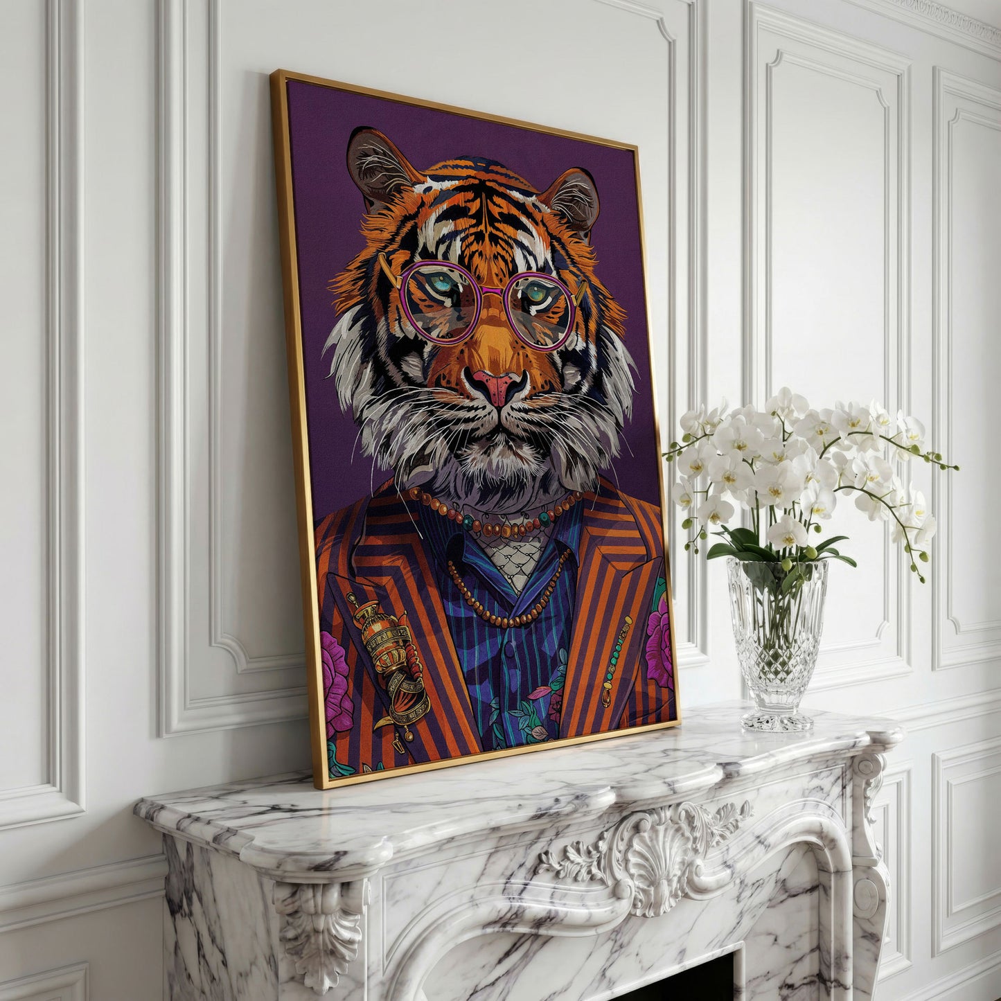 Tiger in Suit and Glasses Canvas Print in yellow gold floating frame