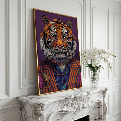 Tiger in Suit and Glasses Canvas Print in yellow gold floating frame