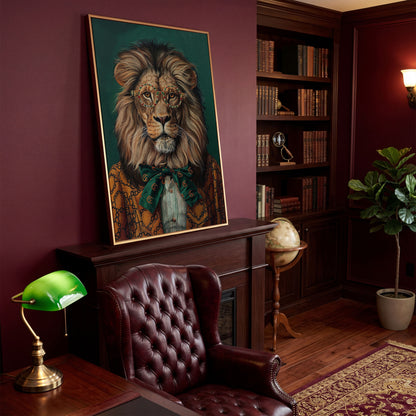 Fashionable Lion in Glasses Canvas Portrait in antique gold floating frame