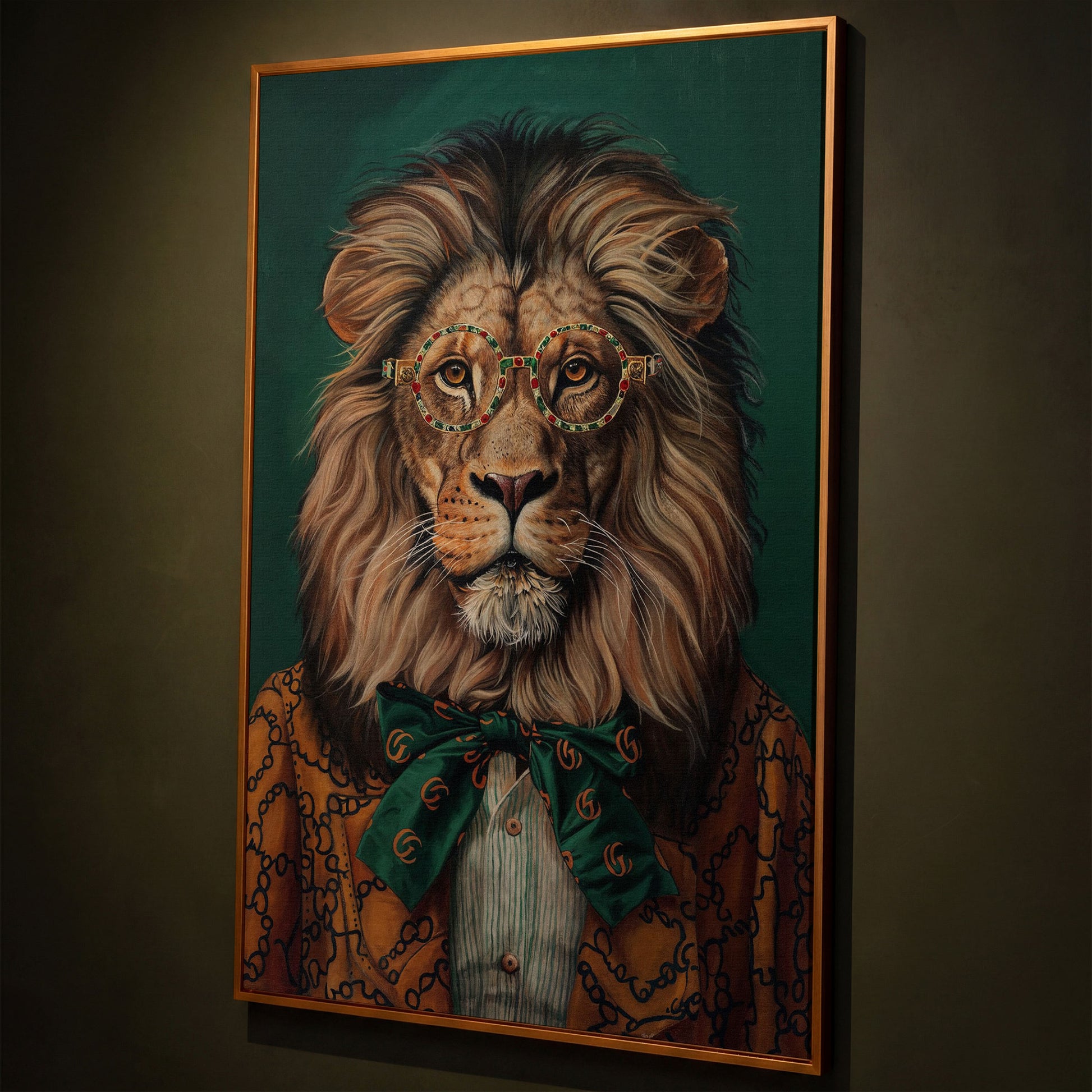 Fashionable Lion in Glasses Canvas Portrait shown in antique gold floating frame