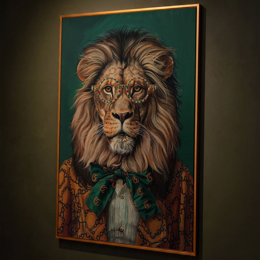 Fashionable Lion in Glasses Canvas Portrait shown in antique gold floating frame