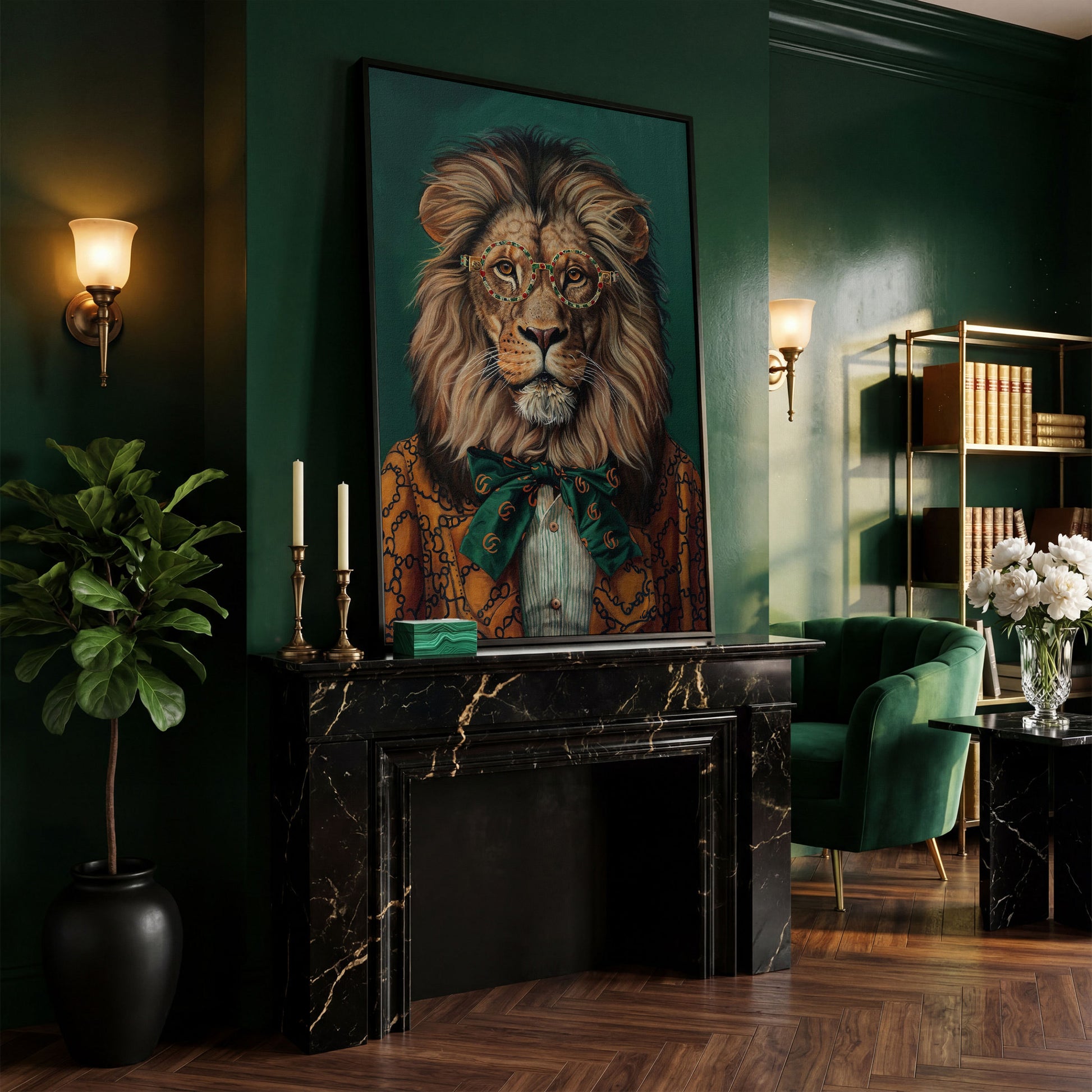 Fashionable Lion in Glasses Canvas Portrait in black floating frame