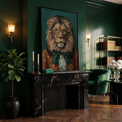 Fashionable Lion in Glasses Canvas Portrait in black floating frame