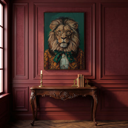 Fashionable Lion in Glasses Canvas Portrait in dark walnut floating frame