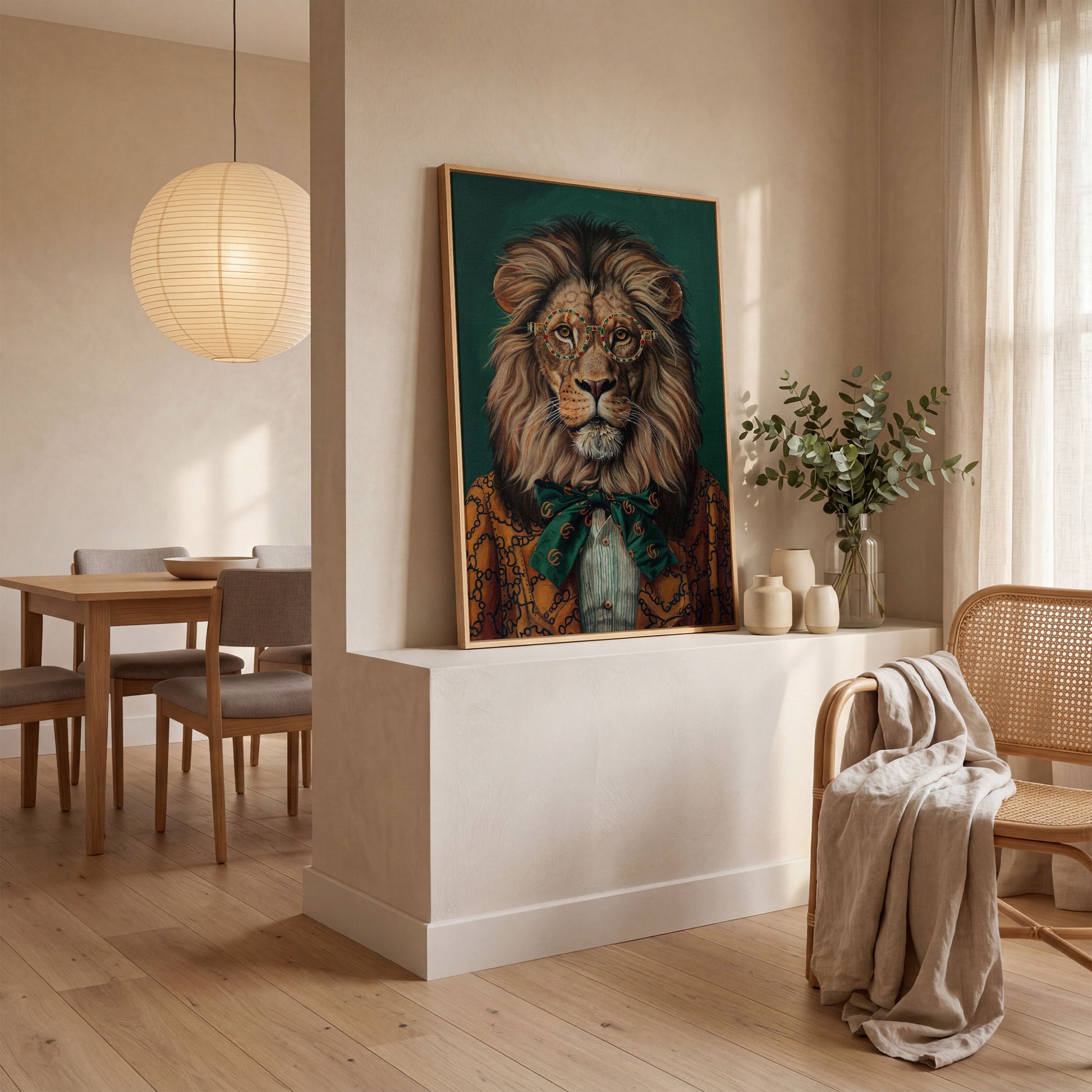 Fashionable Lion in Glasses Canvas Portrait in white oak floating frame
