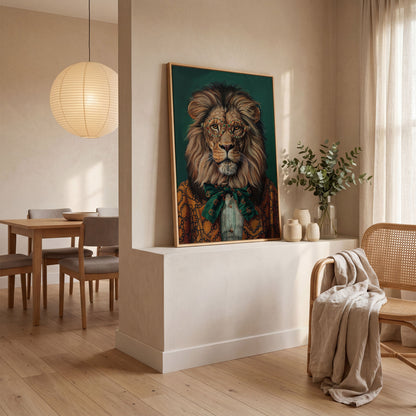 Fashionable Lion in Glasses Canvas Portrait in white oak floating frame