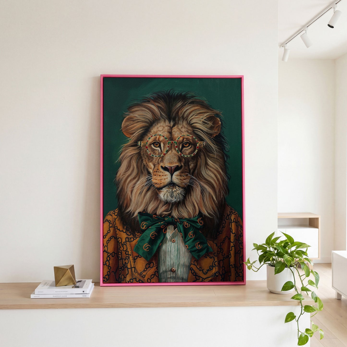 Fashionable Lion in Glasses Canvas Portrait in pink floating frame