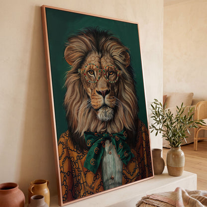 Fashionable Lion in Glasses Canvas Portrait in rose gold floating frame