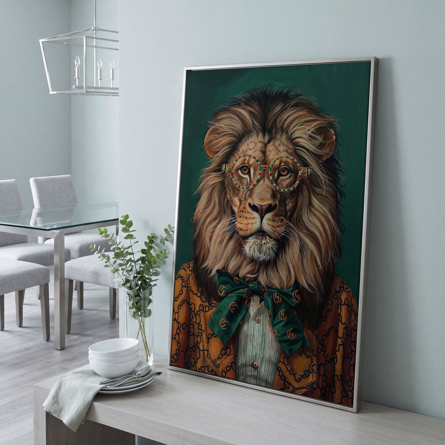 Fashionable Lion in Glasses Canvas Portrait in silver floating frame