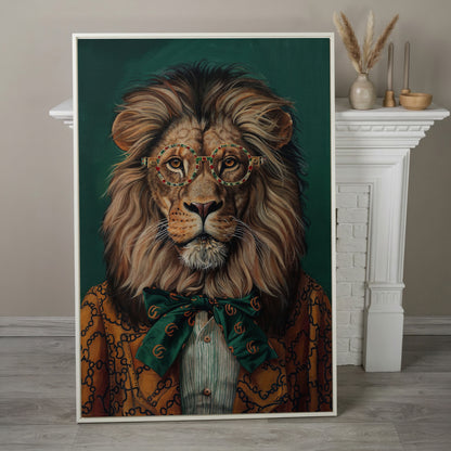 Fashionable Lion in Glasses Canvas Portrait in white floating frame