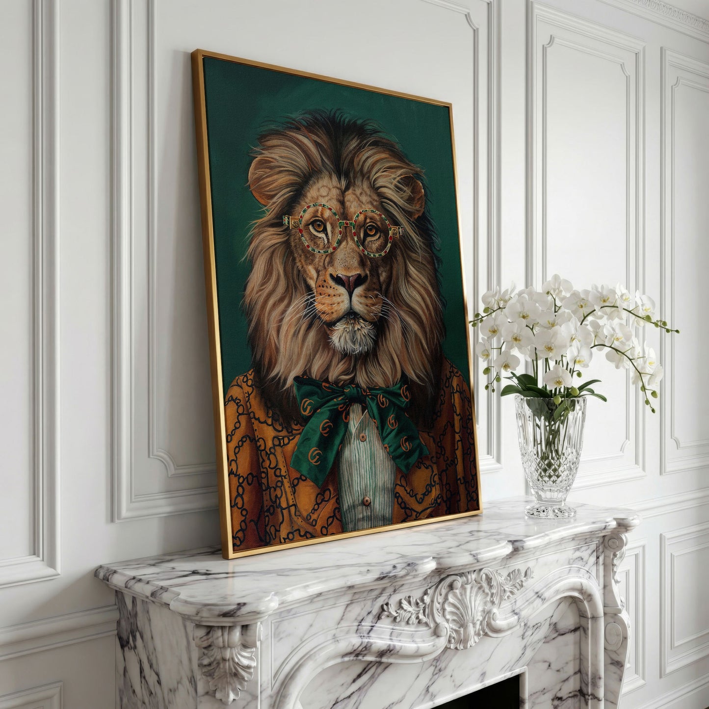 Fashionable Lion in Glasses Canvas Portrait in yellow gold floating frame