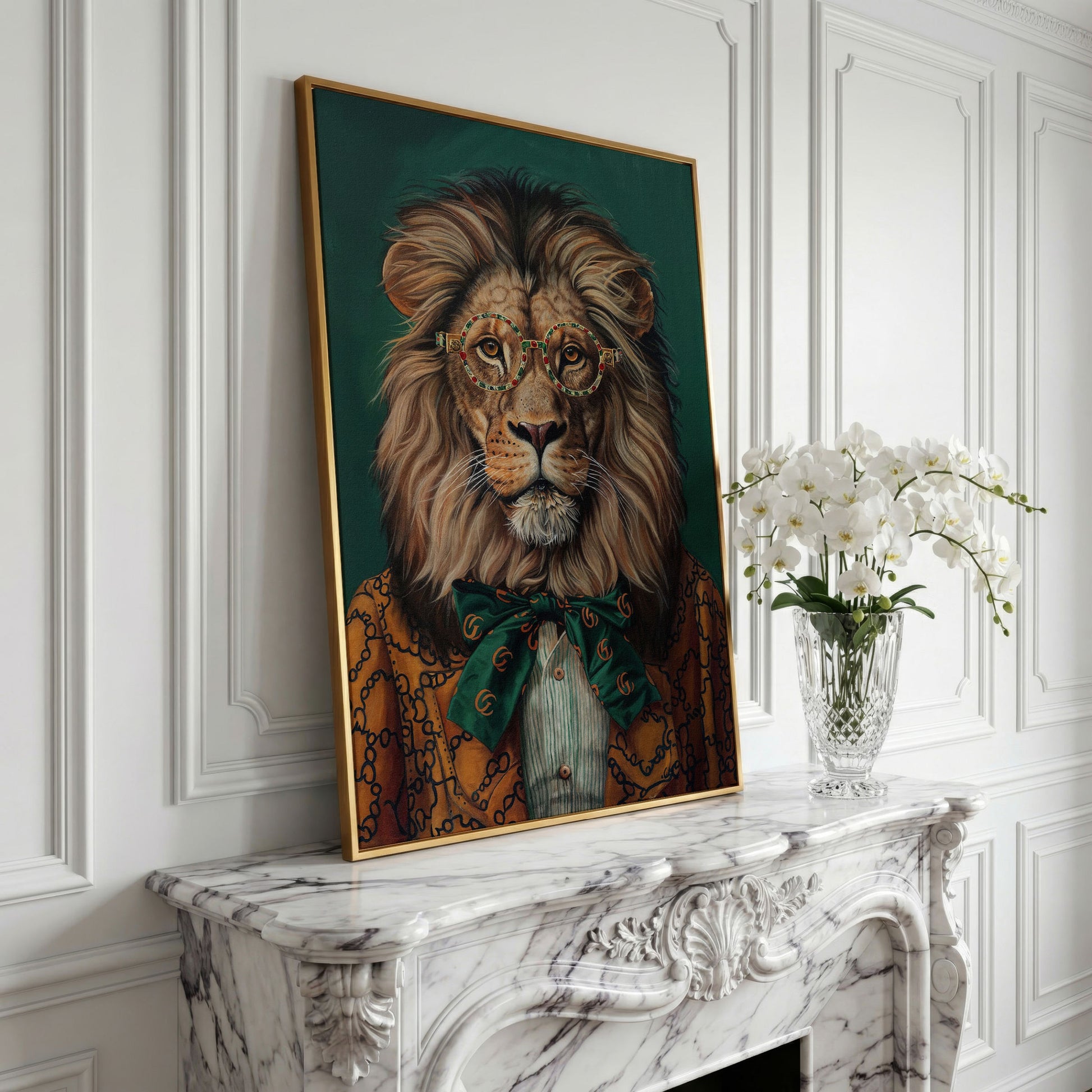 Fashionable Lion in Glasses Canvas Portrait in yellow gold floating frame