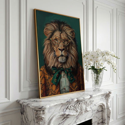 Fashionable Lion in Glasses Canvas Portrait in yellow gold floating frame