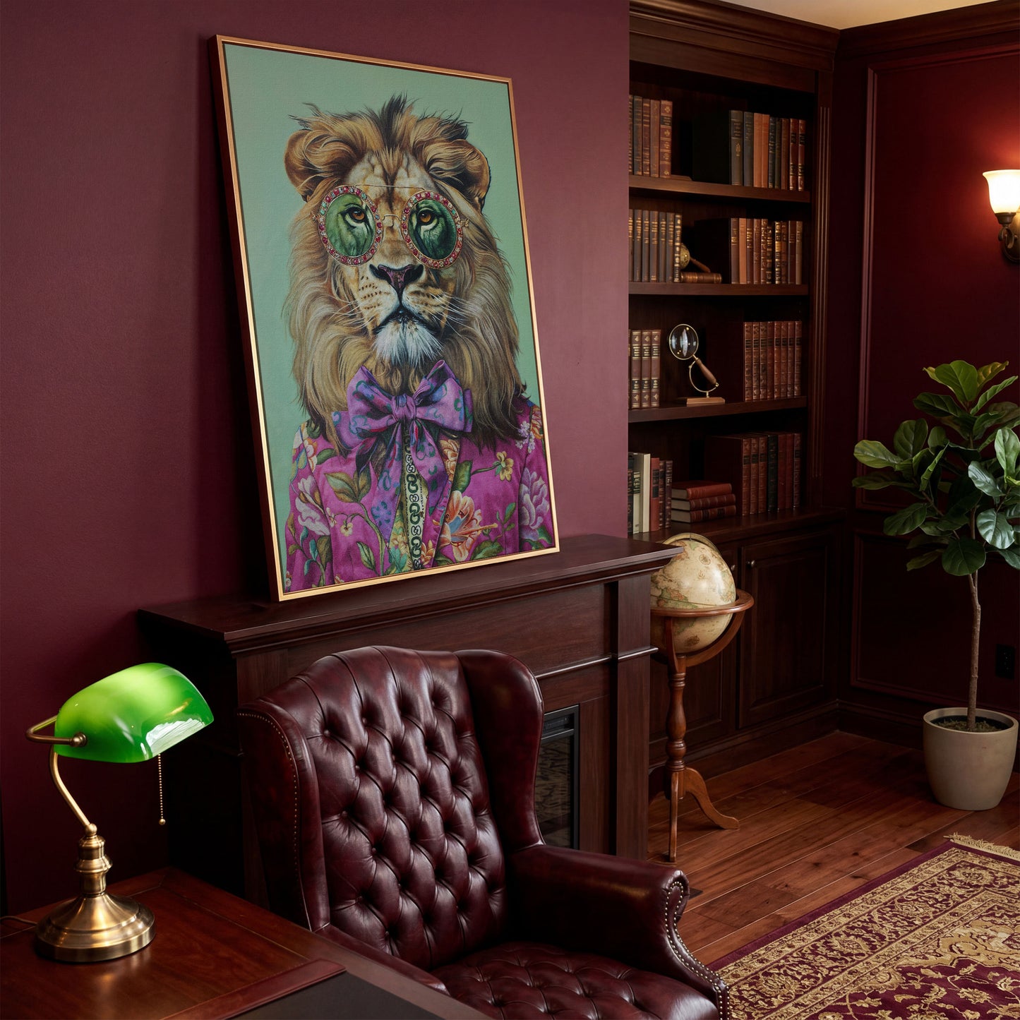 Lion in Pink Suit Canvas Print in antique gold floating frame