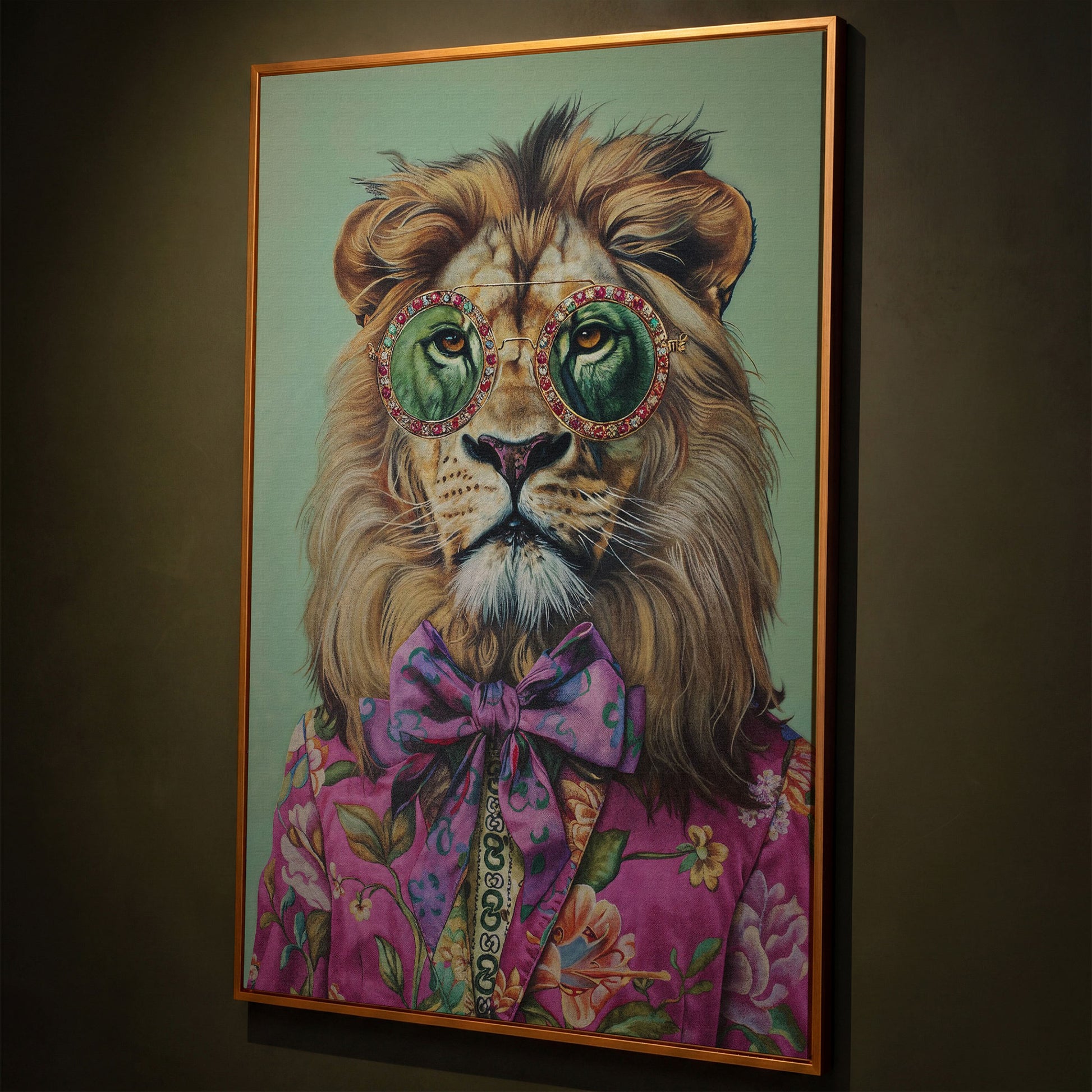 Lion in Pink Suit Canvas Print shown in antique gold floating frame