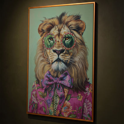 Lion in Pink Suit Canvas Print shown in antique gold floating frame