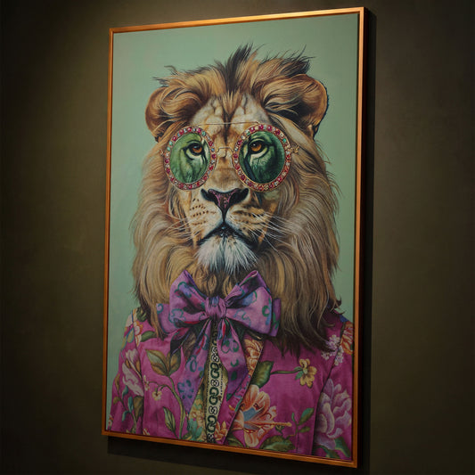Lion in Pink Suit Canvas Print shown in antique gold floating frame