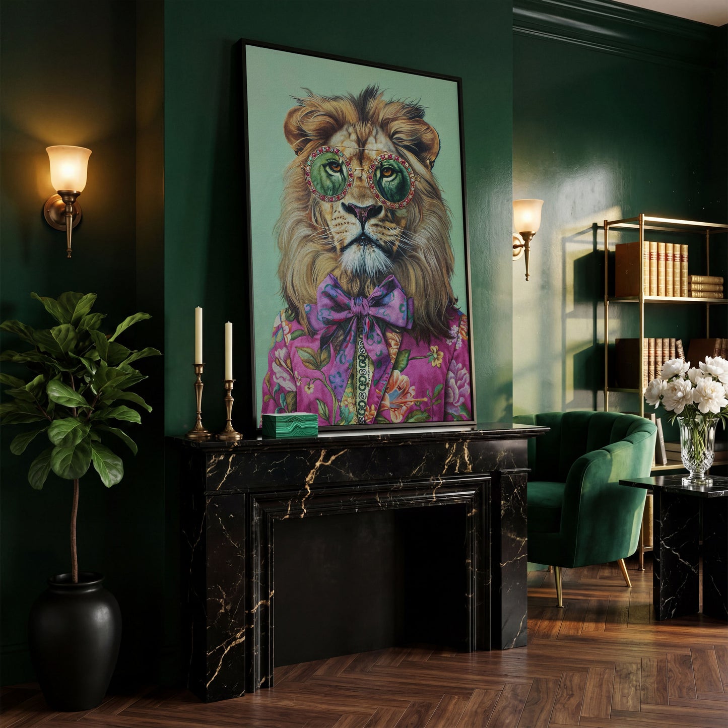 Lion in Pink Suit Canvas Print in black floating frame