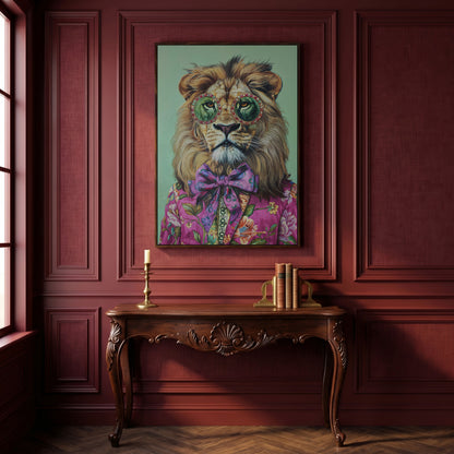 Lion in Pink Suit Canvas Print in dark walnut floating frame