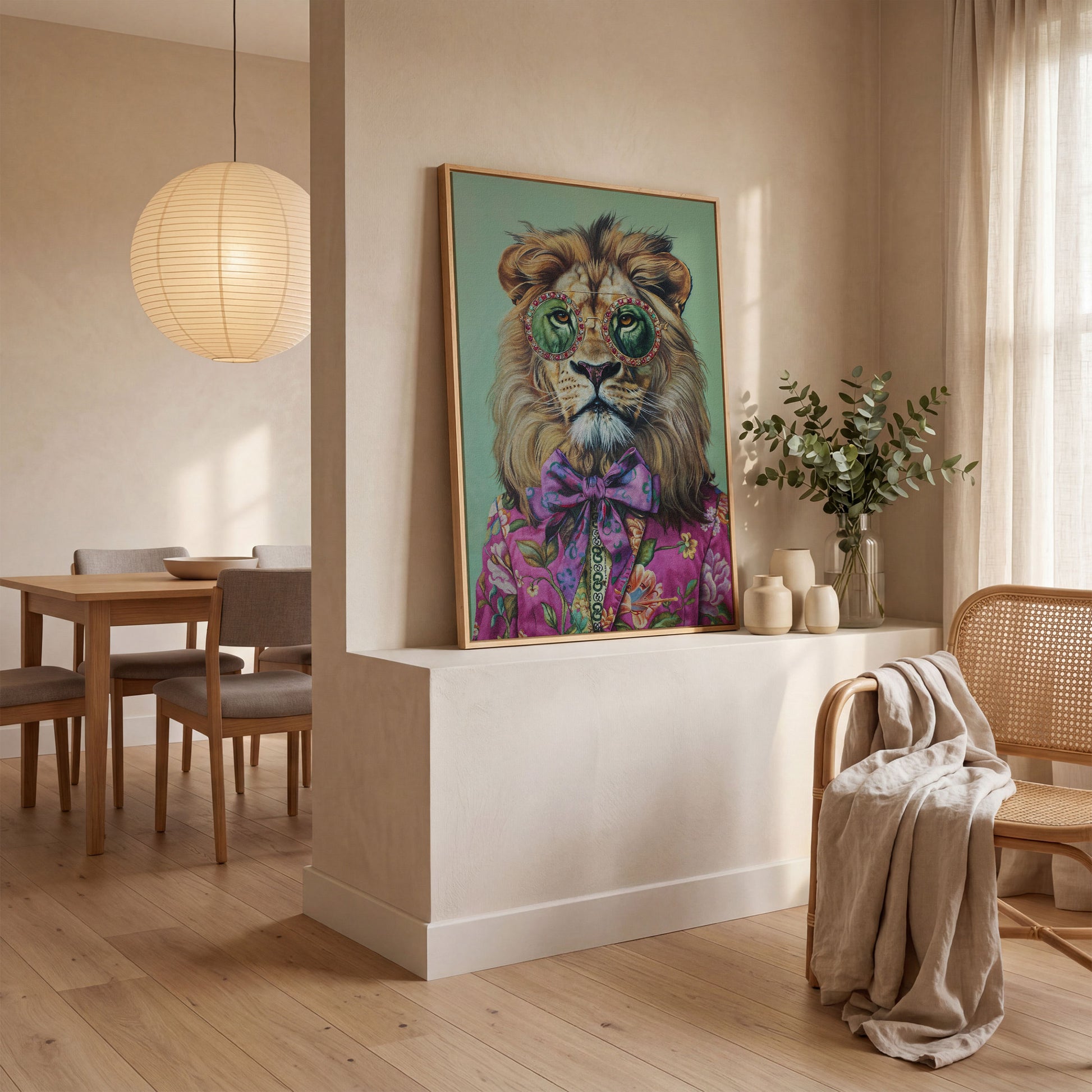 Lion in Pink Suit Canvas Print in white oak floating frame