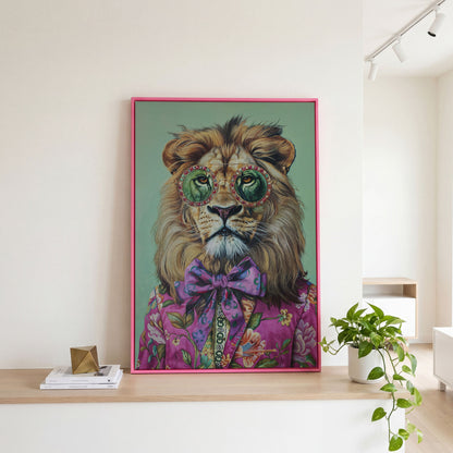 Lion in Pink Suit Canvas Print in pink floating frame