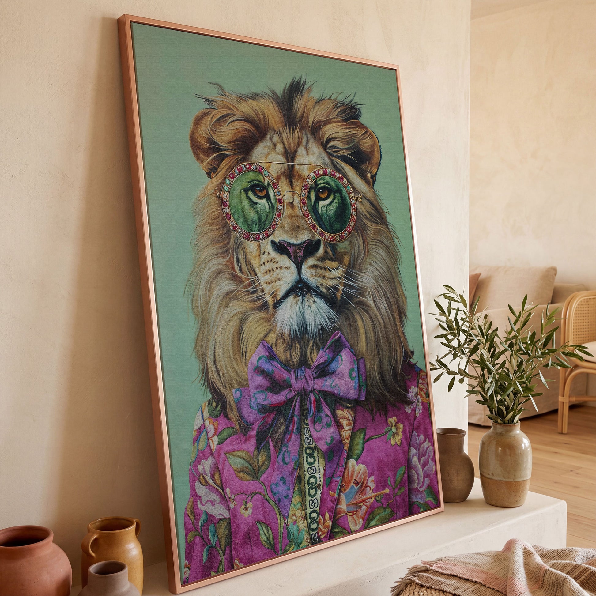 Lion in Pink Suit Canvas Print in rose gold floating frame