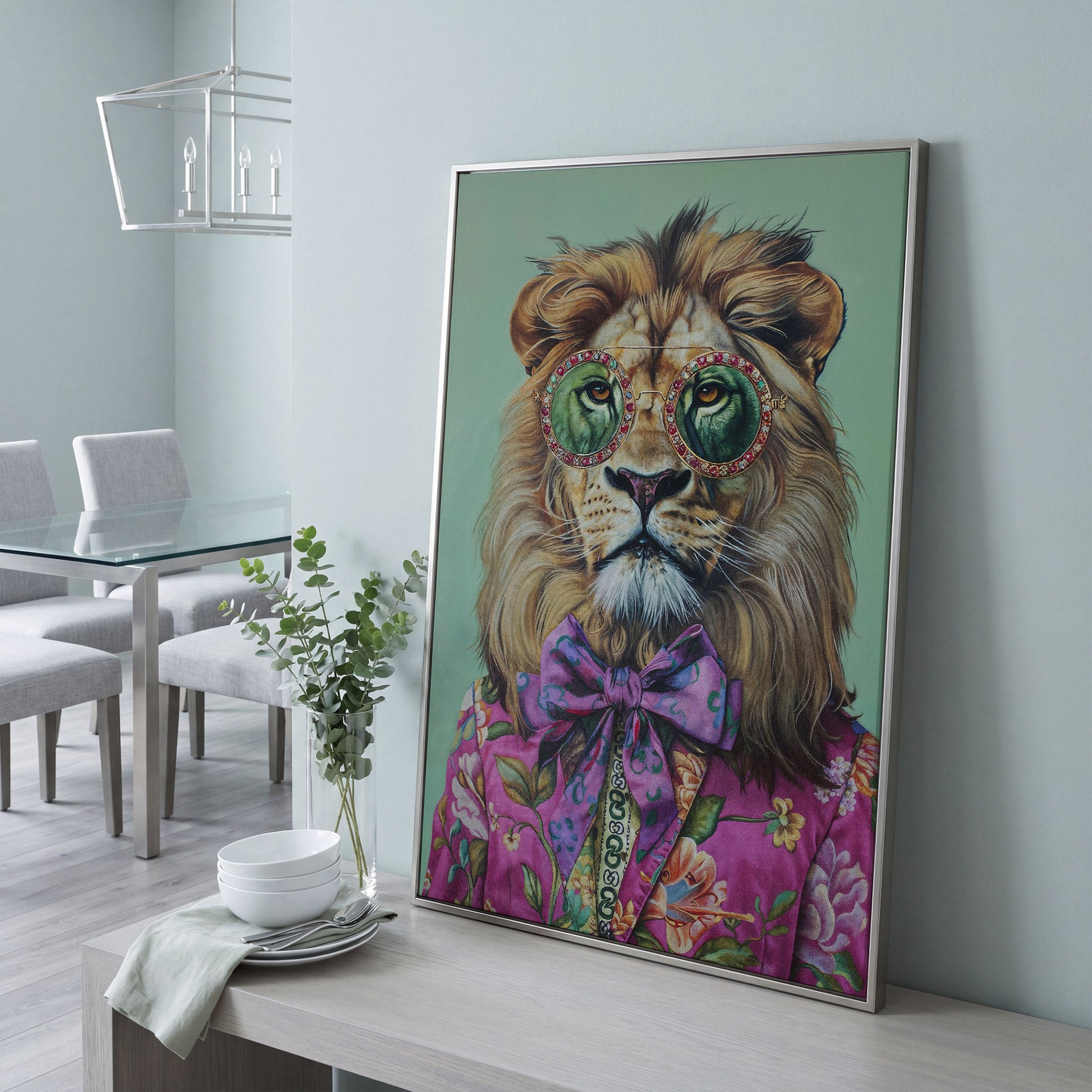 Lion in Pink Suit Canvas Print in silver floating frame