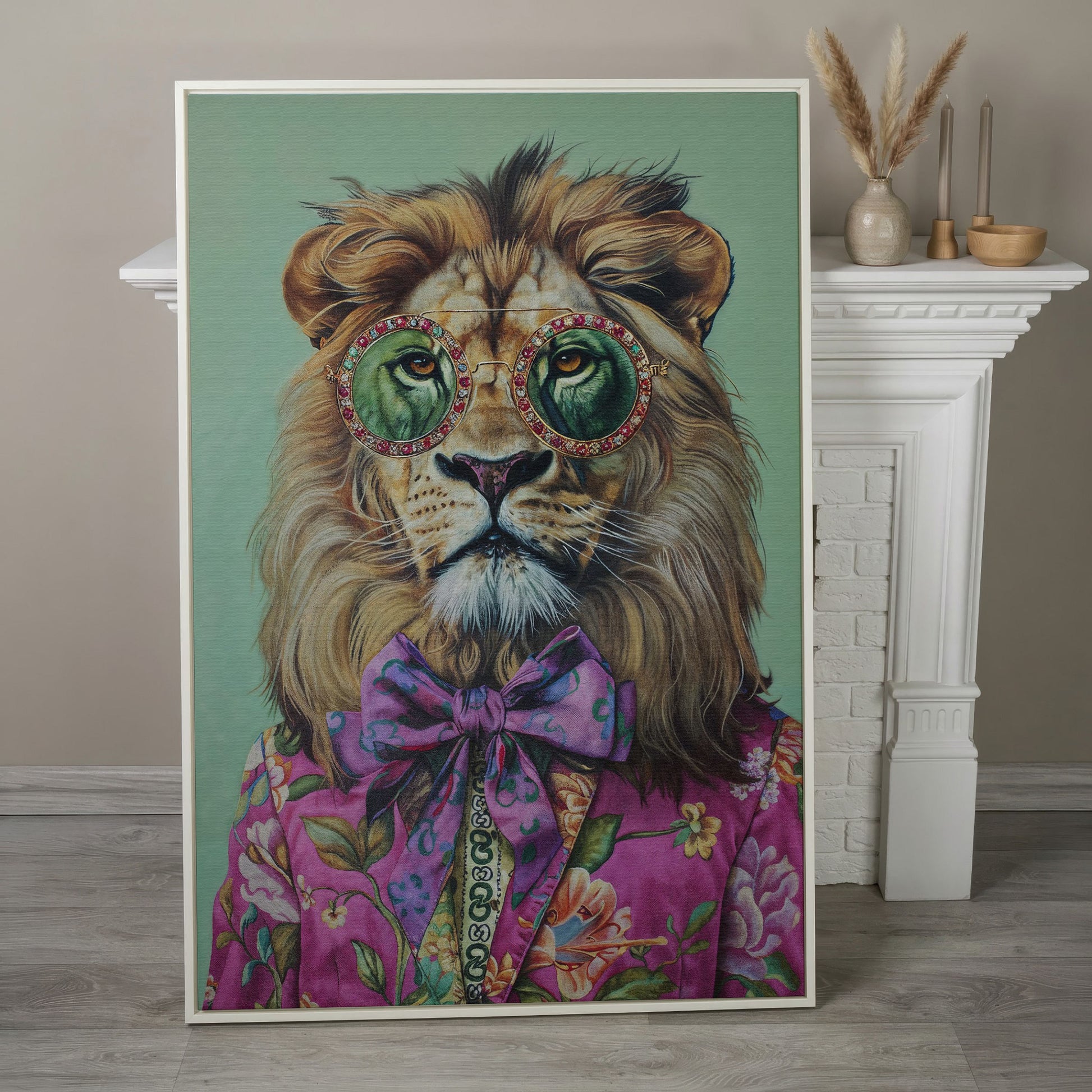 Lion in Pink Suit Canvas Print in white floating frame