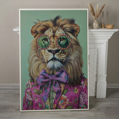 Lion in Pink Suit Canvas Print in white floating frame