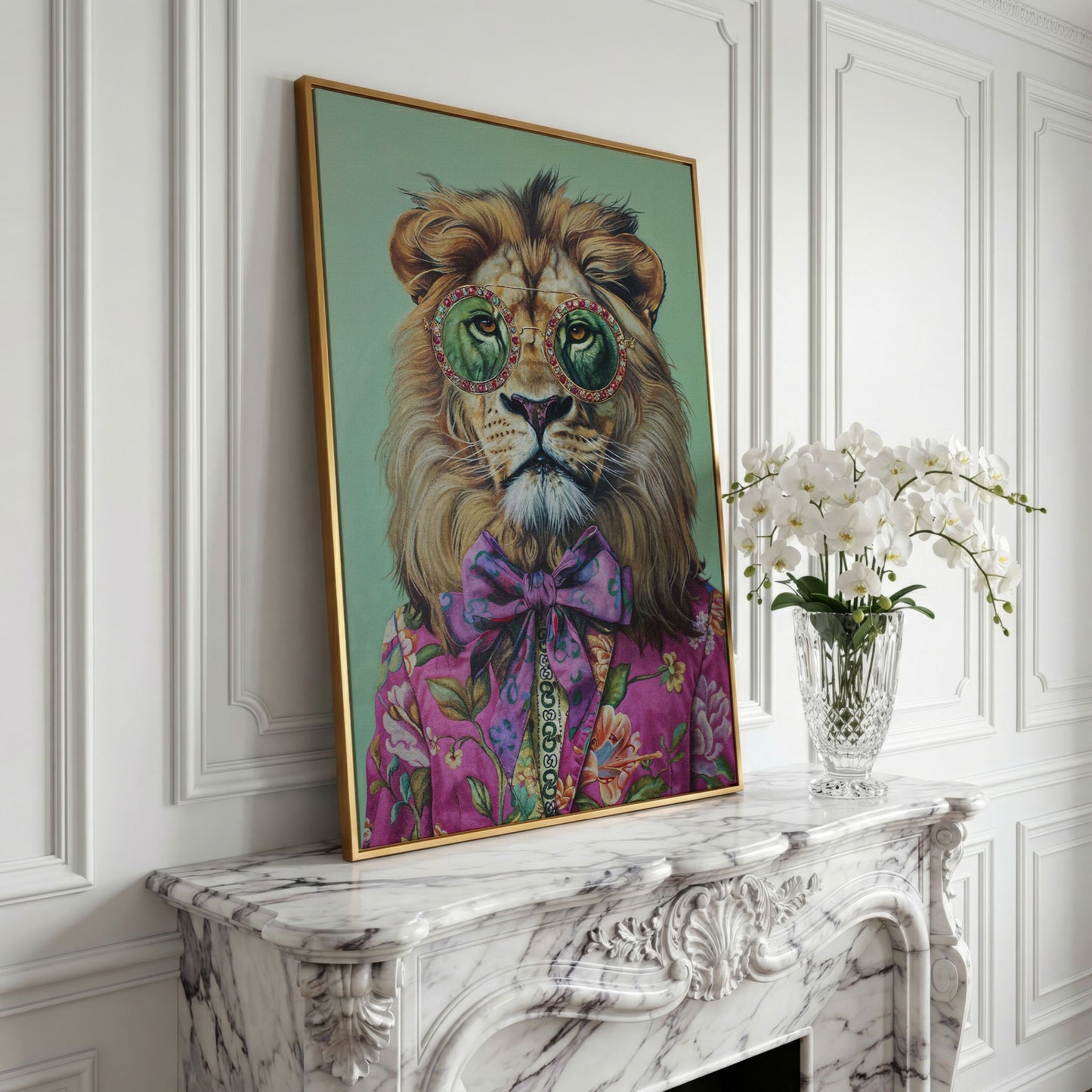 Lion in Pink Suit Canvas Print in yellow gold floating frame