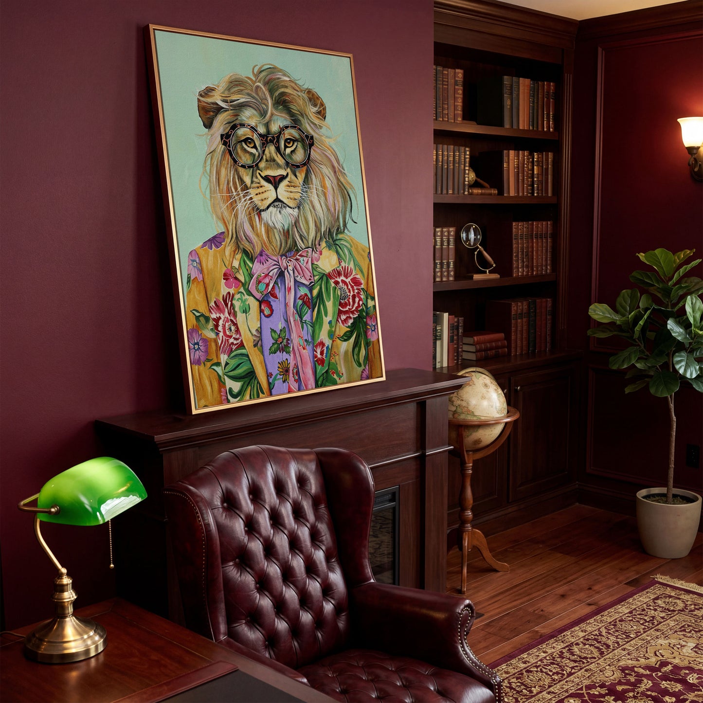 Lion in Floral Suit Canvas Print in antique gold floating frame