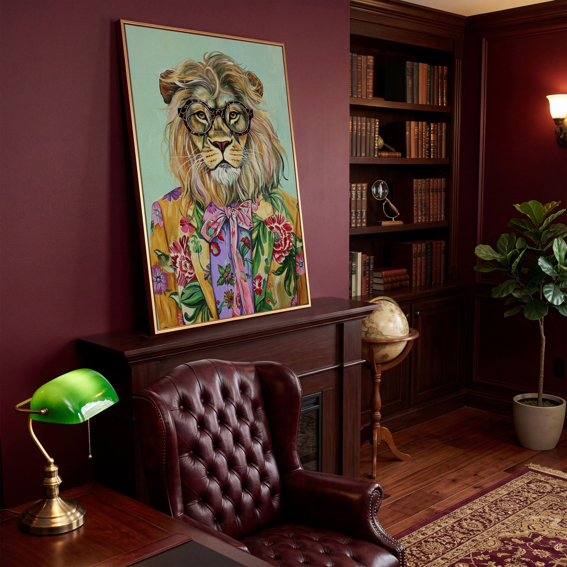 Lion in Floral Suit Canvas Print in antique gold floating frame