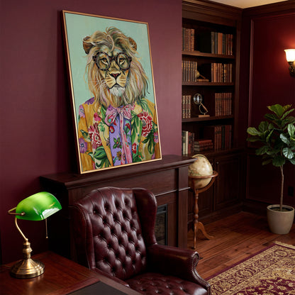 Lion in Floral Suit Canvas Print in antique gold floating frame