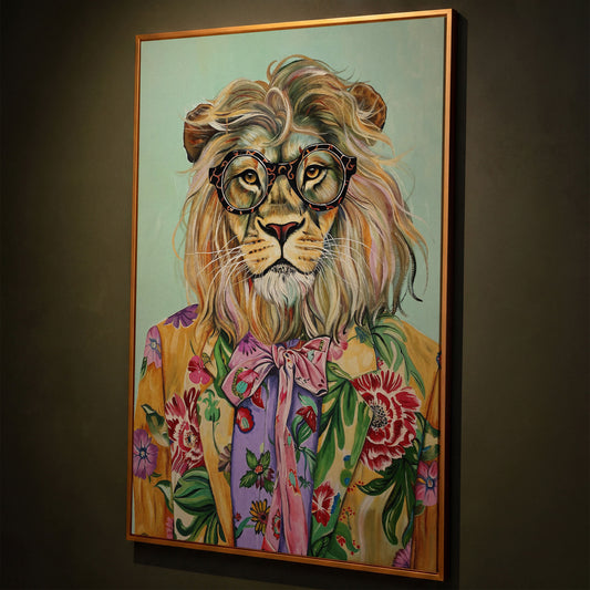 Lion in Floral Suit Canvas Print shown in antique gold floating frame