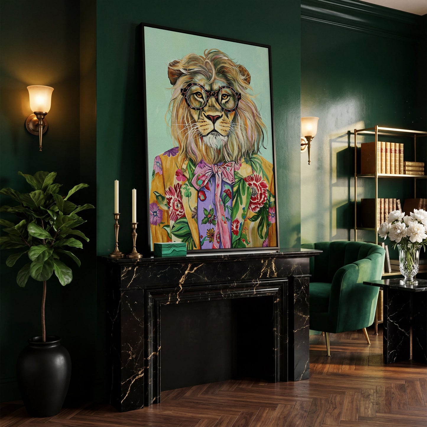 Lion in Floral Suit Canvas Print in black floating frame