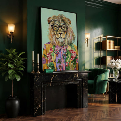 Lion in Floral Suit Canvas Print in black floating frame