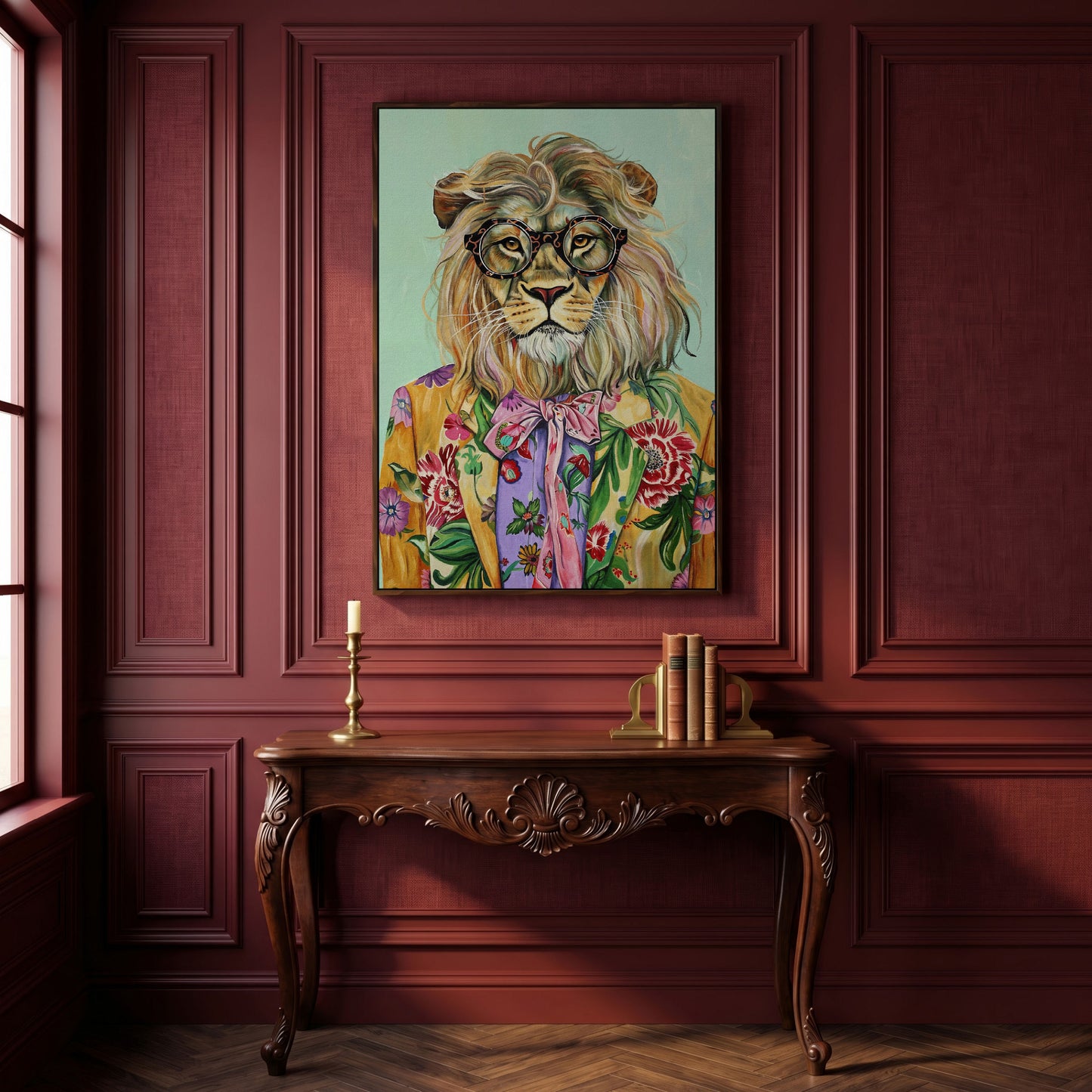 Lion in Floral Suit Canvas Print in dark walnut floating frame