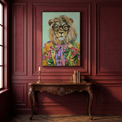 Lion in Floral Suit Canvas Print in dark walnut floating frame