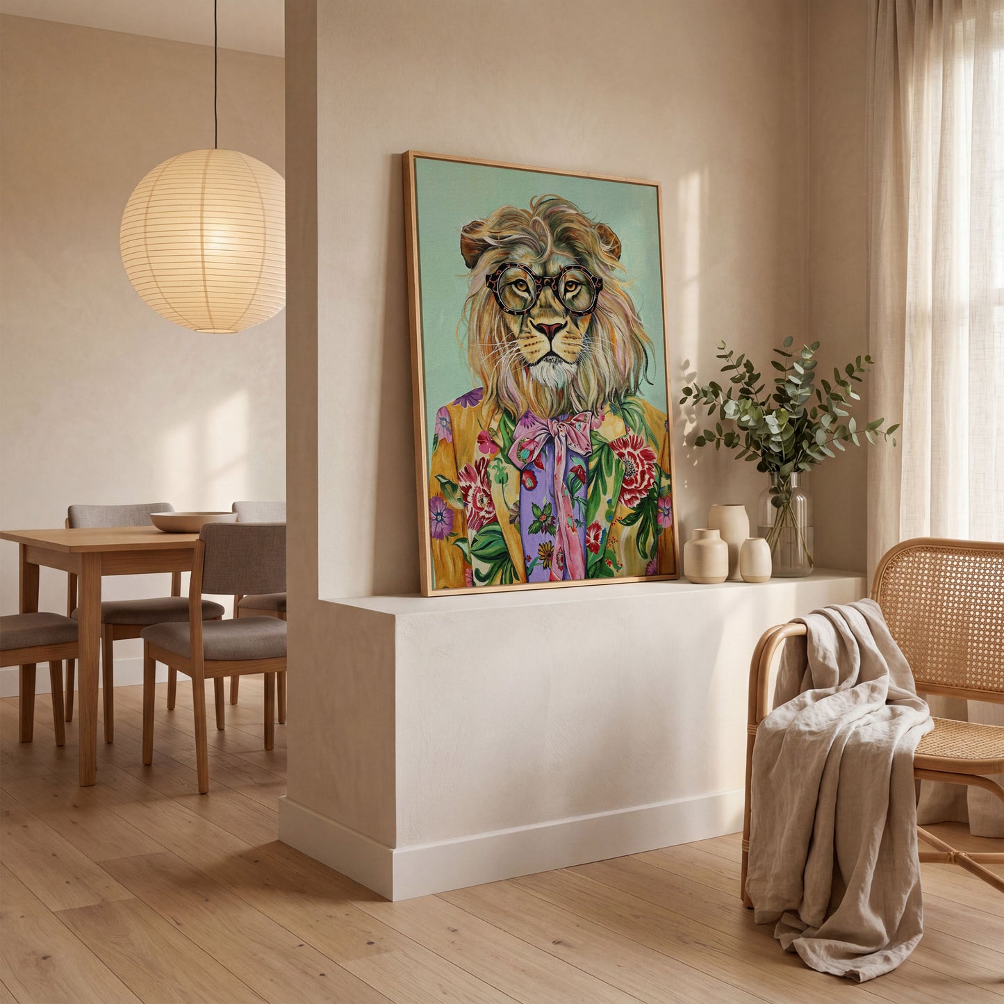 Lion in Floral Suit Canvas Print in white oak floating frame