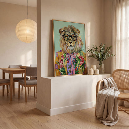 Lion in Floral Suit Canvas Print in white oak floating frame